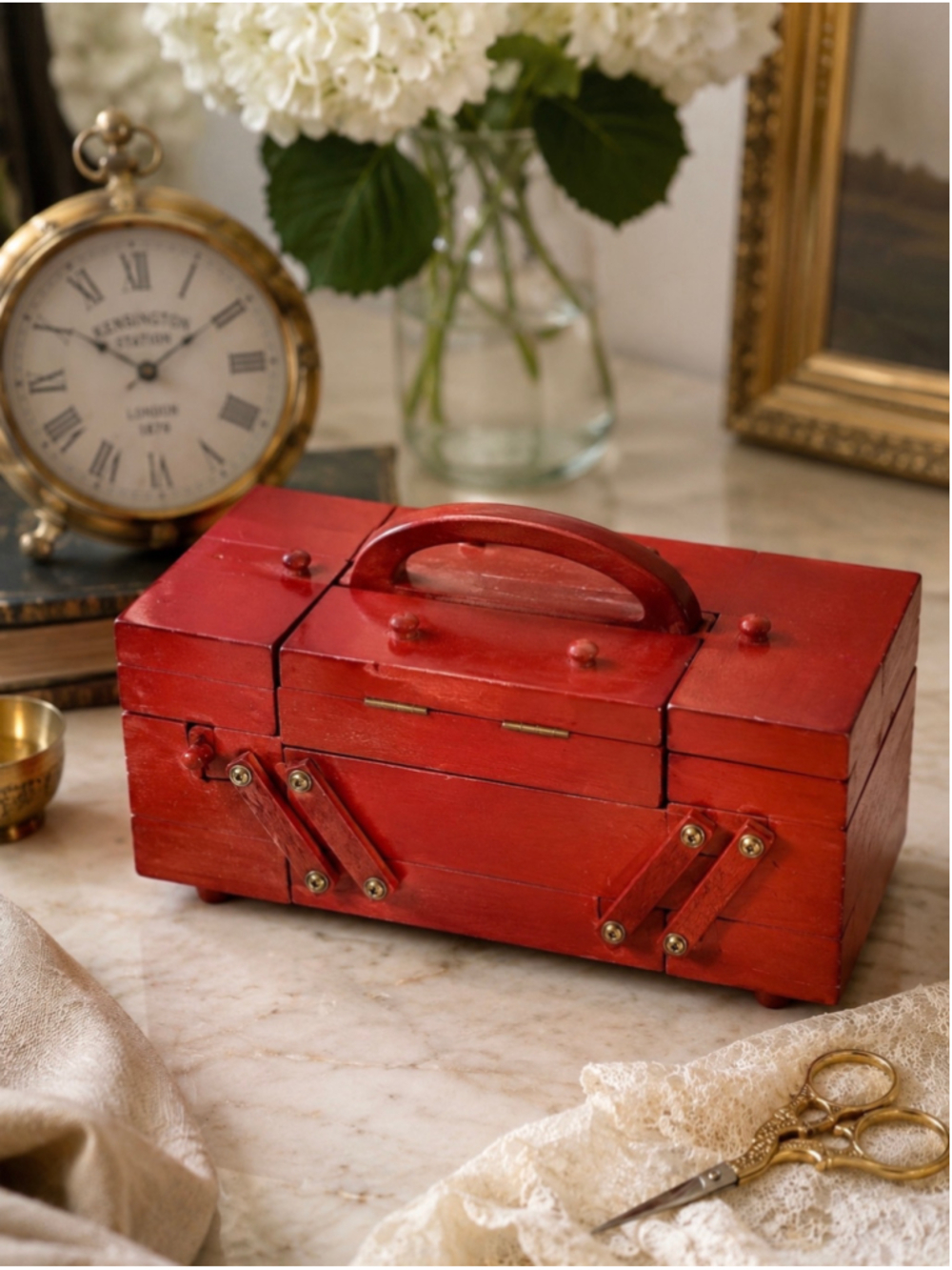 Mini Red Wooden Accordion Sewing Box Craft Organizer